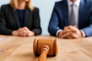 couple engaged in divorce mediation discussing fair settlement options with gavel on table