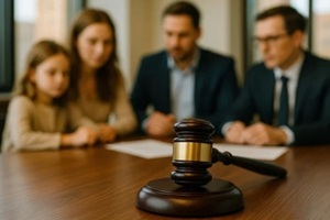 family legal consultation with lawyer, gavel in focus