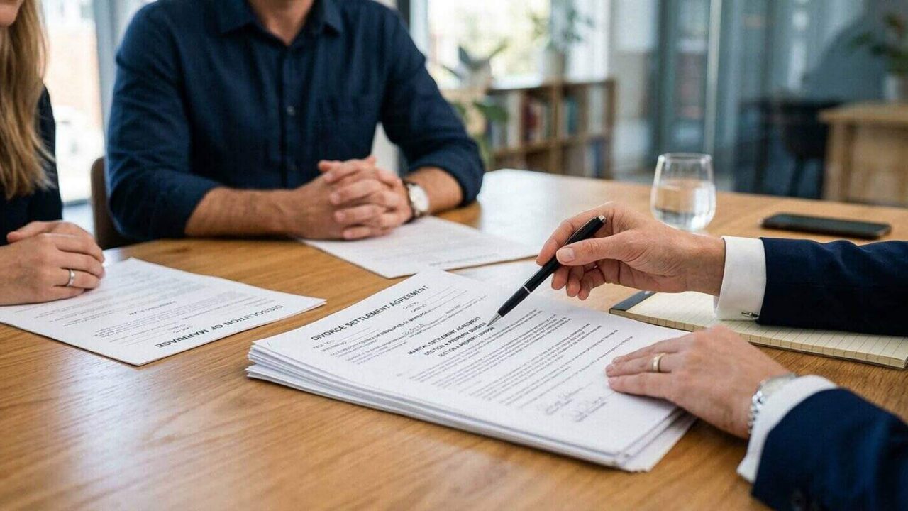 lawyer explaining divorce settlement agreement to a couple at office table