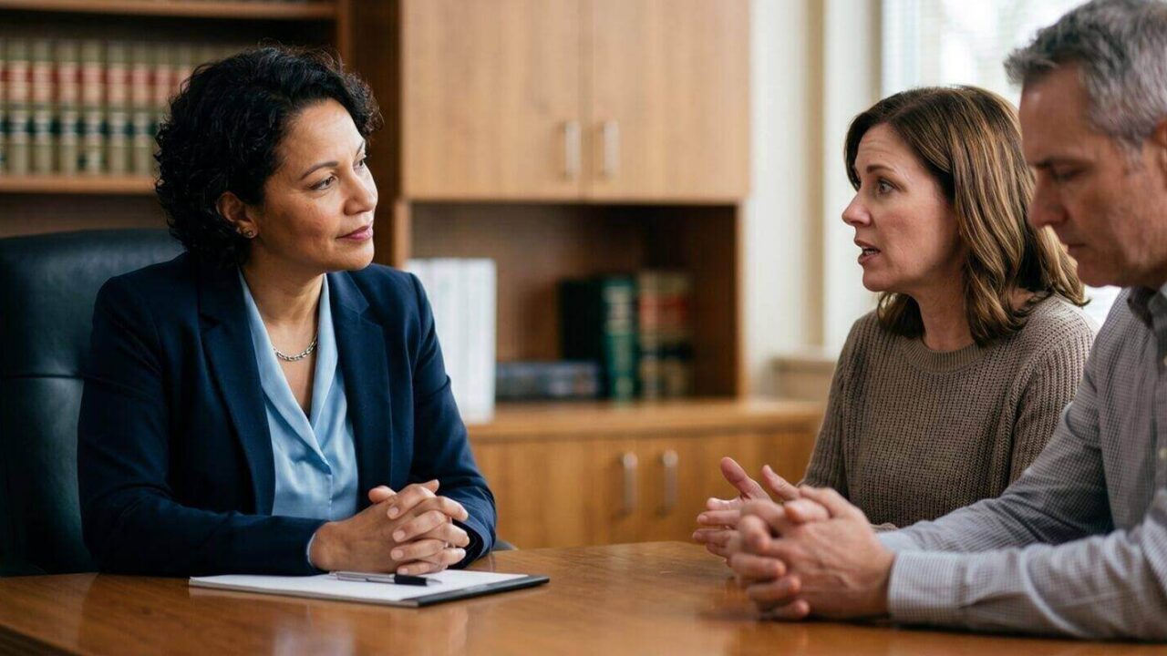 professional female lawyer or consultant listening to middle aged couple during meeting in office legal advice or family counseling