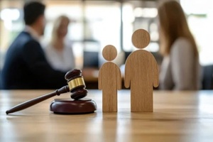 wooden gavel rests beside stylized figures representing family dynamics